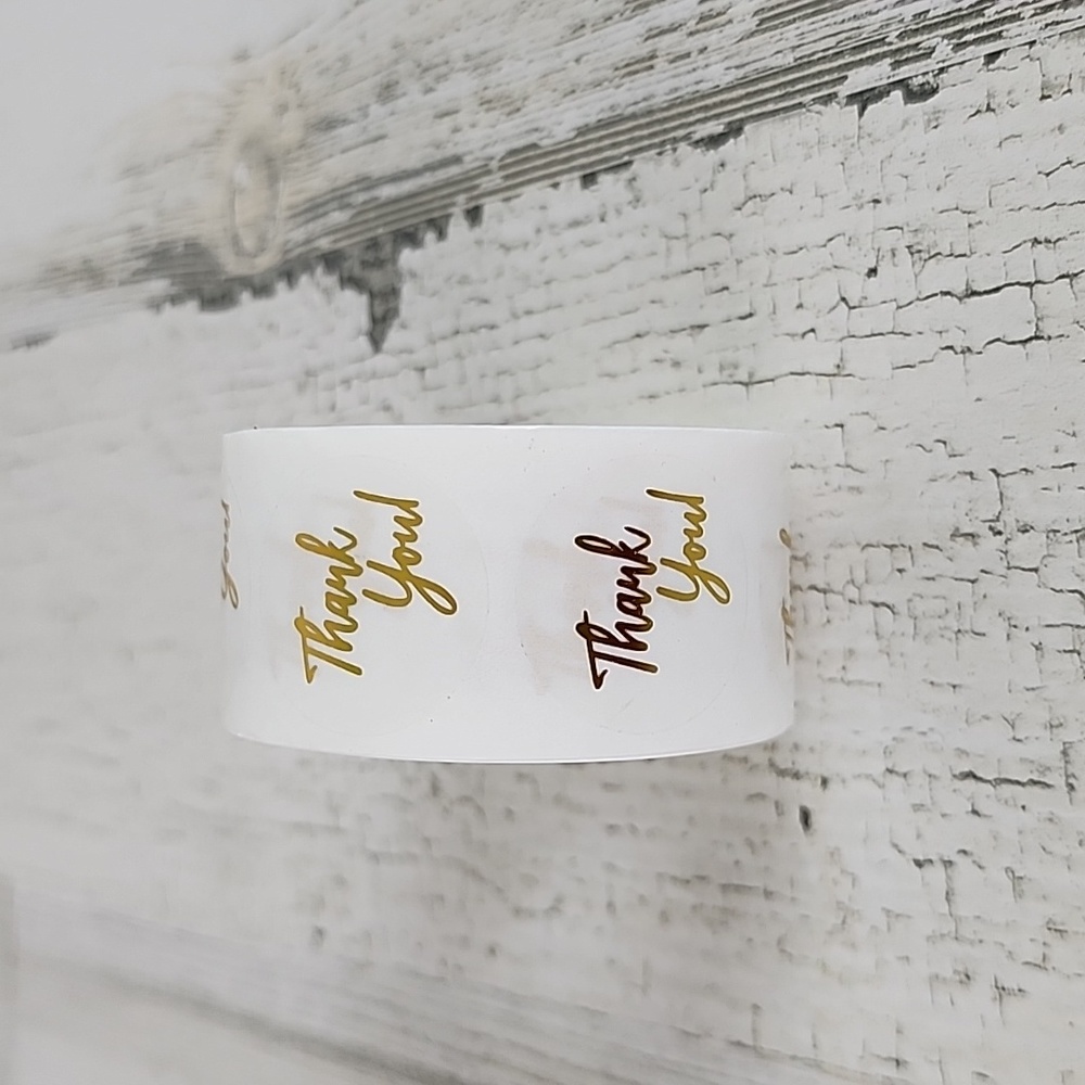 1 roll of 500 clear round Thank You! stickers goldtone cursive 1" round NEW